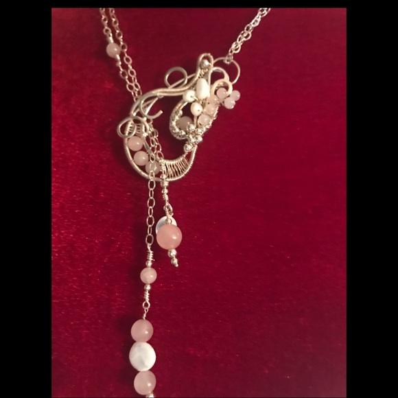 Rose Quartz, Fresh Water Pearls, Sterling & Fine Silver Lariat Necklace - Picture 8 of 9